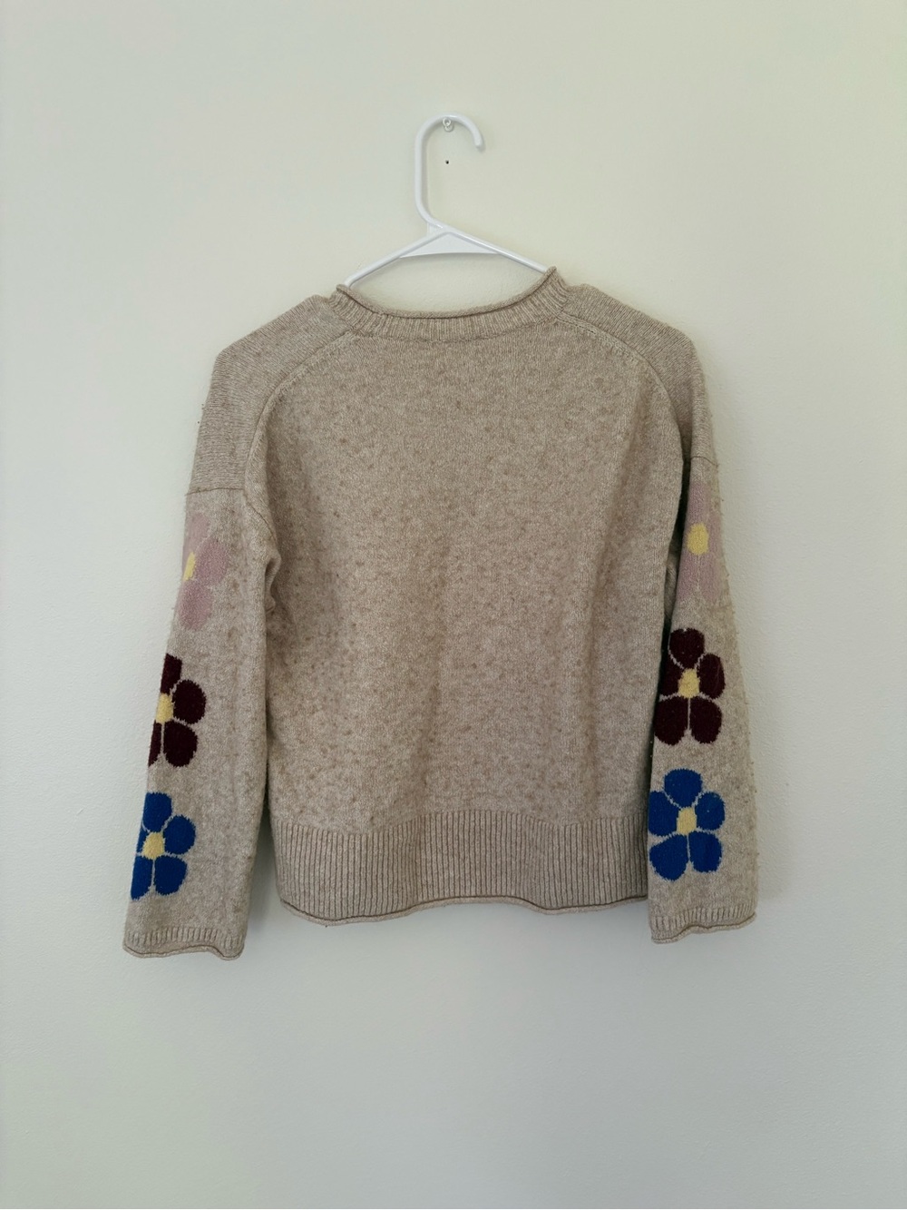 Madewell Beige Floral Sleeves Knit Crewneck Sweater Women’s SMALL - Picture 4 of 7
